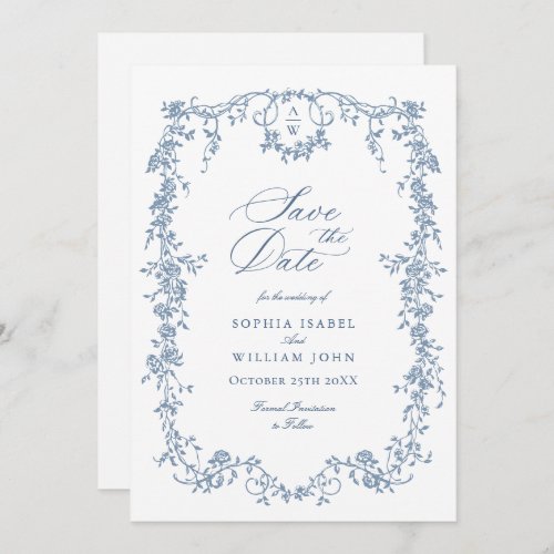 Elegant Blue French Toile Floral Wedding Save The Date