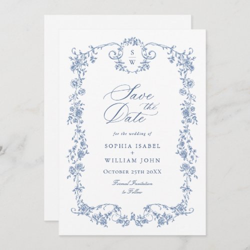 Elegant Blue French Toile Floral Wedding Save The Date