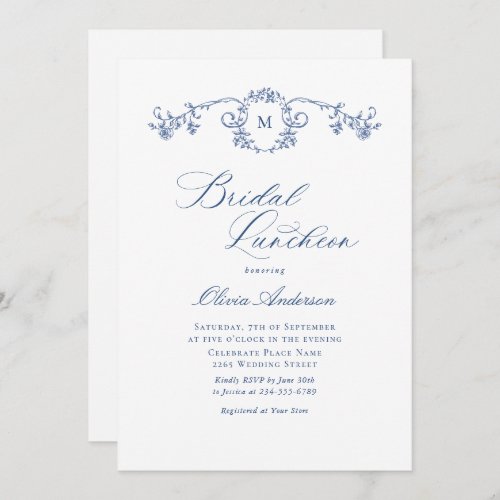 Elegant Blue French Toile Garden BRIDAL LUNCHEON Invitation