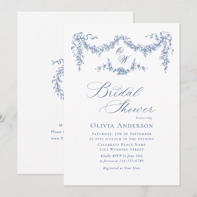 Elegant Blue French Toile Garden BRIDAL SHOWER Invitation (Front/Back)