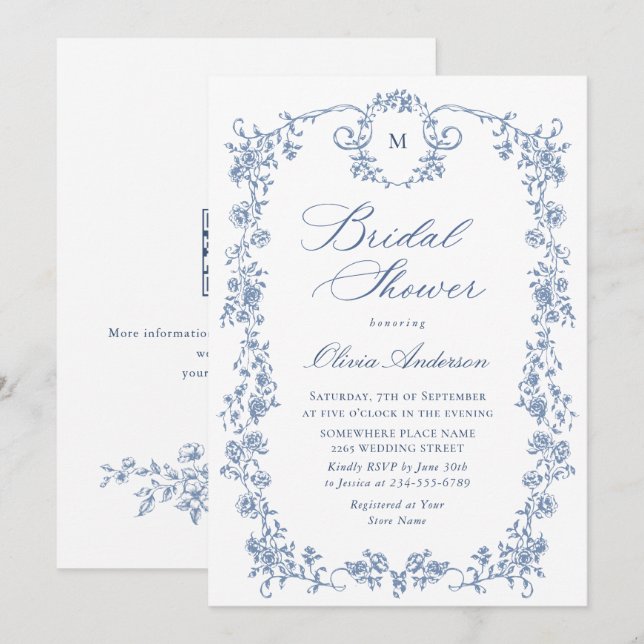 Elegant Blue French Toile Garden Bridal Shower Invitation (Front/Back)
