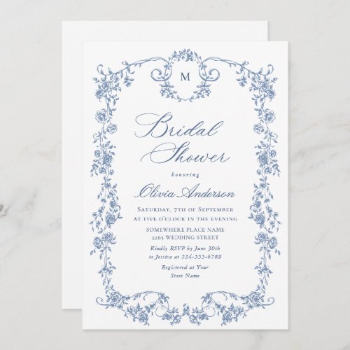 Elegant Blue French Toile Garden Bridal Shower Invitation