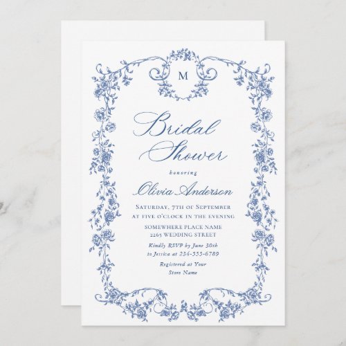 Elegant Blue French Toile Garden Bridal Shower Invitation