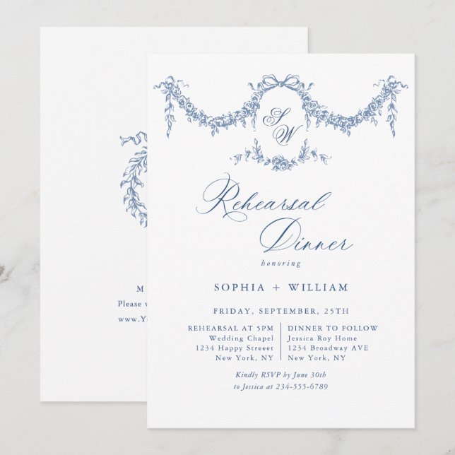 Elegant Blue French Toile Garden Rehearsal Dinner Invitation (Front/Back)