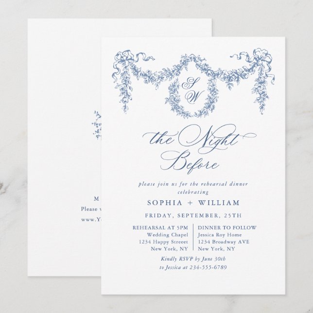 Elegant Blue French Toile Garden Rehearsal Dinner Invitation (Front/Back)