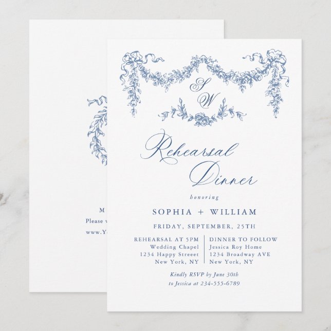 Elegant Blue French Toile Garden Rehearsal Dinner Invitation (Front/Back)