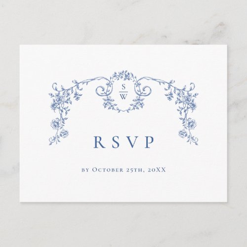 Elegant Blue French Toile Garden Wedding RSVP Postcard