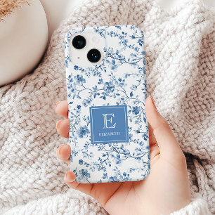 Elegant Blue French Toile Pattern Monogram Name iPhone 14 Case