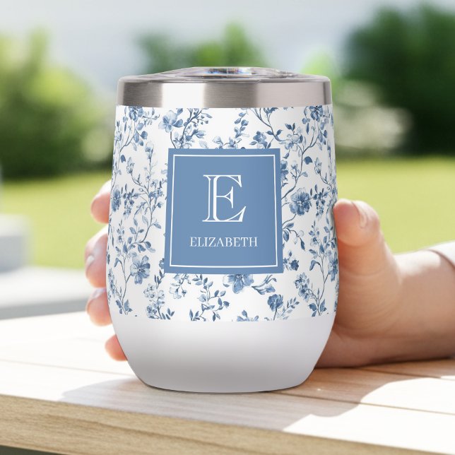 Elegant Blue French Toile Pattern Monogram Name Thermal Wine Tumbler (Elegant blue french toile pattern with monogram initial and name emblem)