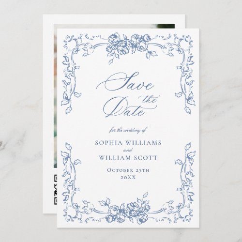Elegant Blue French Toile QR code Photo Wedding Save The Date