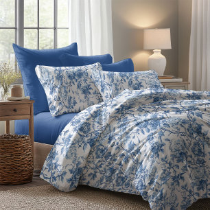 Elegant Blue French Toile Roses Floral Duvet Cover