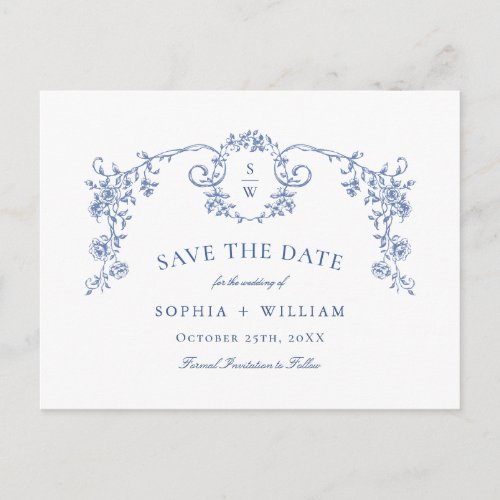 Elegant Blue French Toile Wedding Save the Date Postcard