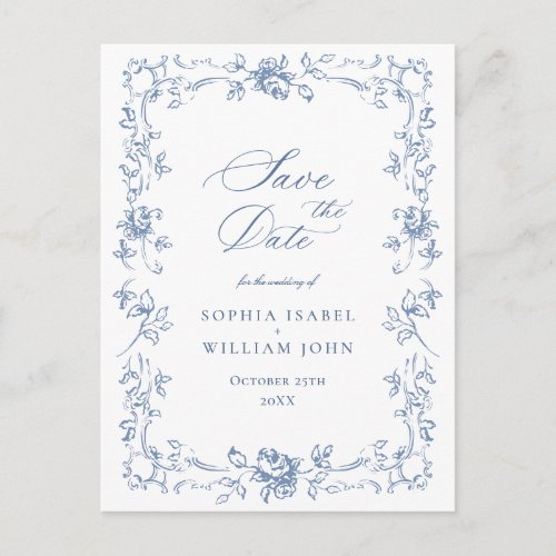 Elegant Blue French Toile Wedding Save the Date Postcard