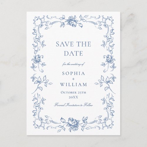 Elegant Blue French Toile Wedding Save the Date Postcard