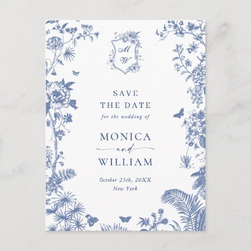 Elegant Blue French Toile Wedding Save the Date Postcard