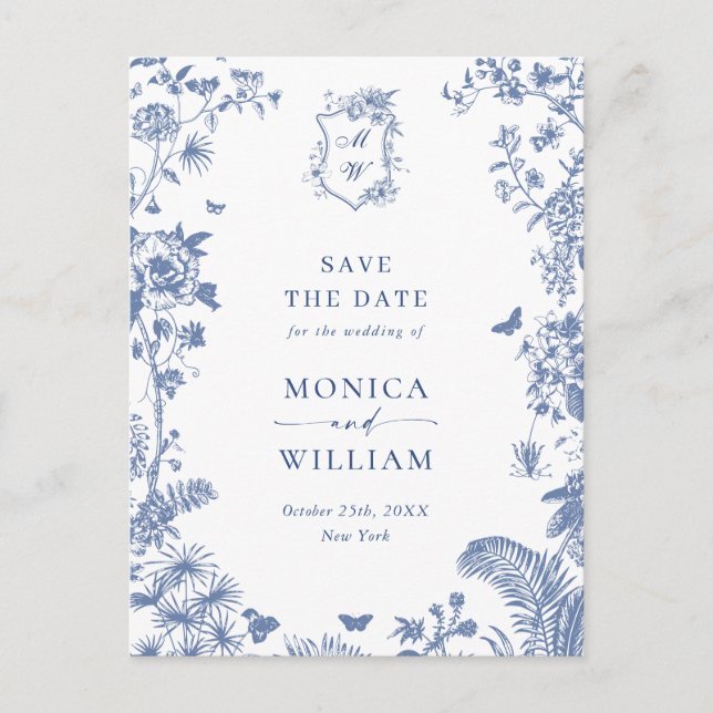 Elegant Blue French Toile Wedding Save the Date Postcard (Front)