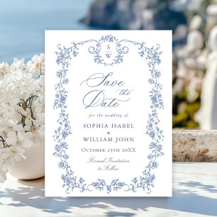 Elegant Blue French Toile Wedding Save the Date Postcard