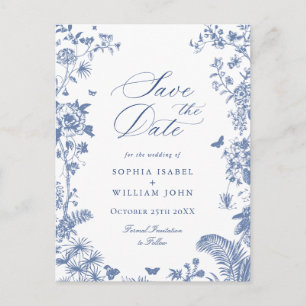 Elegant Blue French Toile Wedding Save the Date Postcard