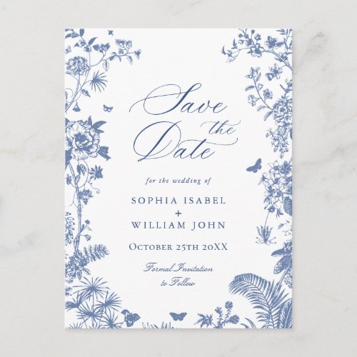 Elegant Blue French Toile Wedding Save the Date Postcard