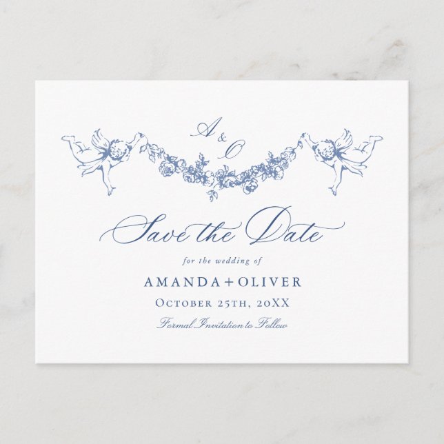 Elegant Blue French Toile Wedding Save the Date Postcard (Front)