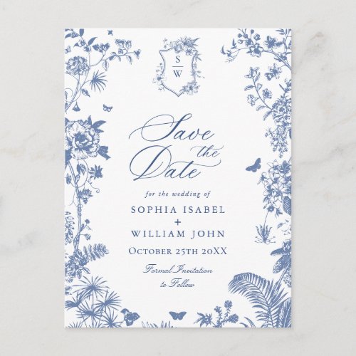 Elegant Blue French Toile Wedding Save the Date Postcard