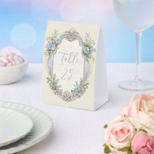 Elegant Blue French Vintage Floral Frame Wedding Paper Table Tent