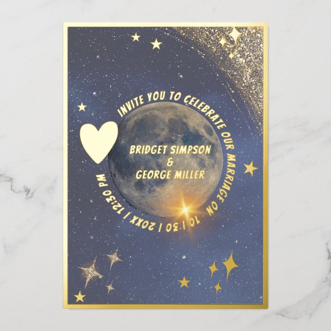 elegant blue galaxy celestial moon wedding gold  foil invitation (Front)