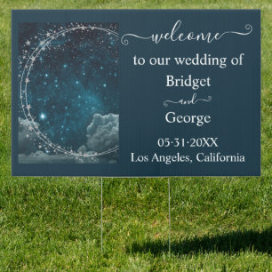 elegant blue galaxy sky wedding sign