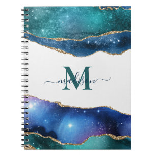 Elegant Blue Geode Agate Monogrammed Gold Glitter Notebook