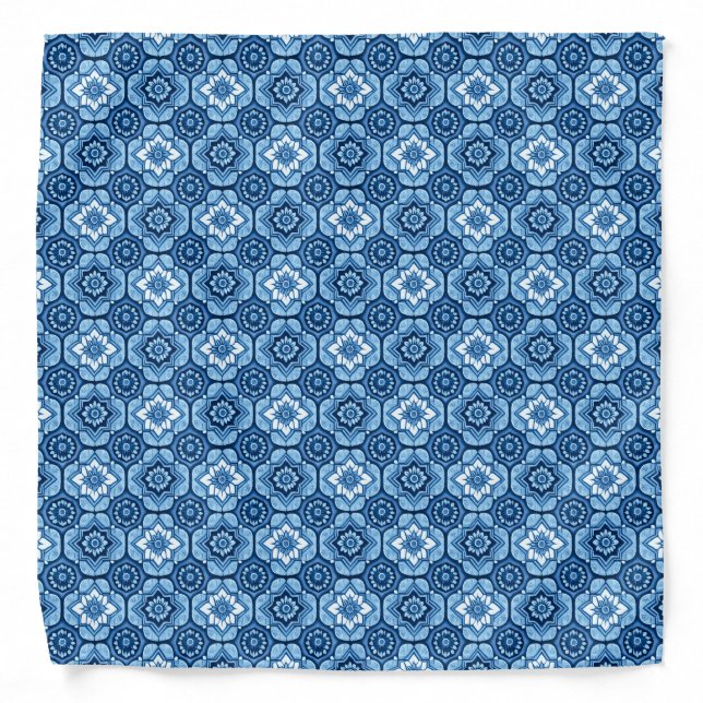 Elegant Blue Geometric Floral Pattern Bandana (Front)