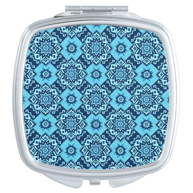 Elegant Blue Geometric Floral Pattern Compact Mirror (Front)