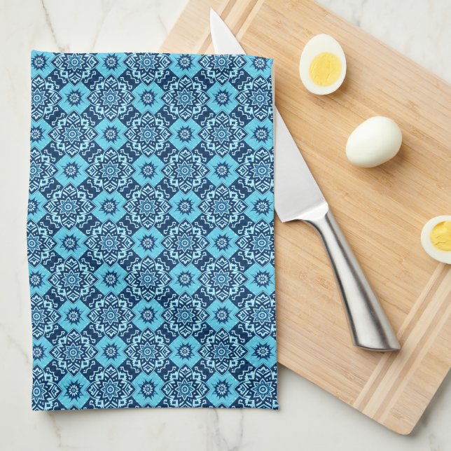 Elegant Blue Geometric Floral Pattern Kitchen Towel (Quarter Fold)