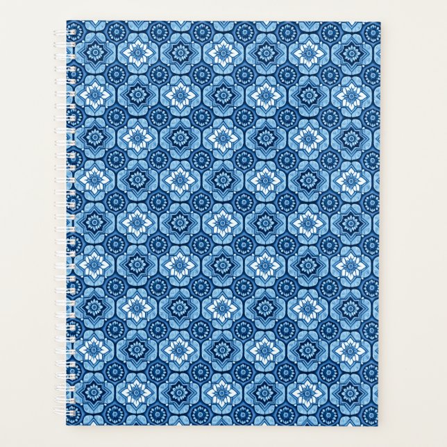 Elegant Blue Geometric Floral Pattern Planner (Front)