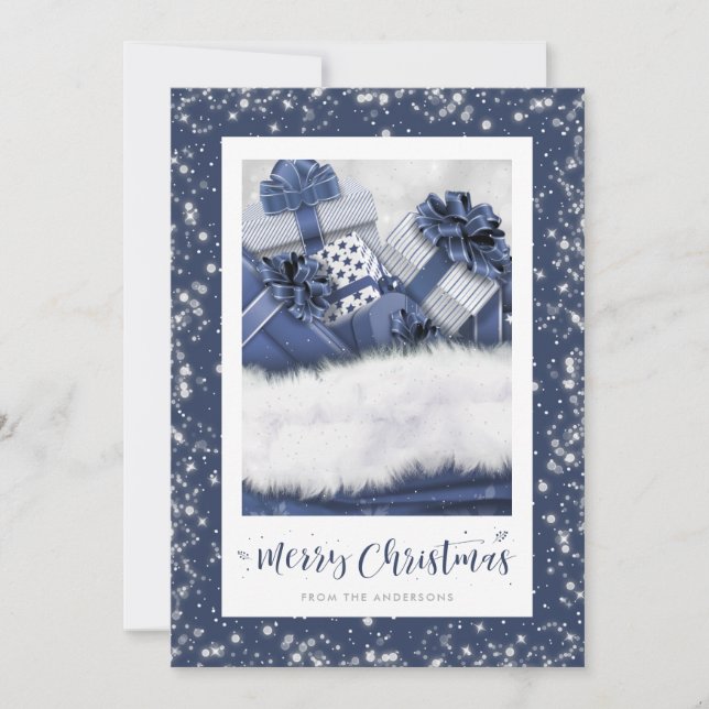 Elegant Blue Gifts Snow Merry Christmas Cards (Front)