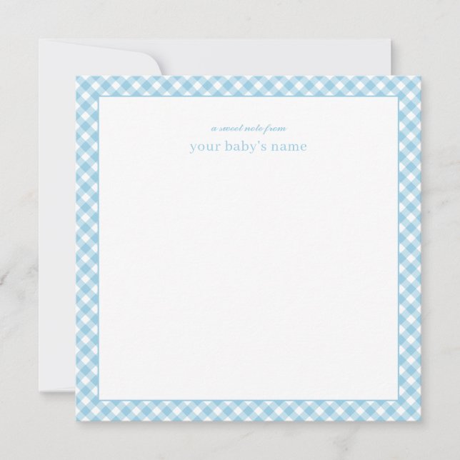 Elegant Blue Gingham Baby Nursery Note Card (Front)