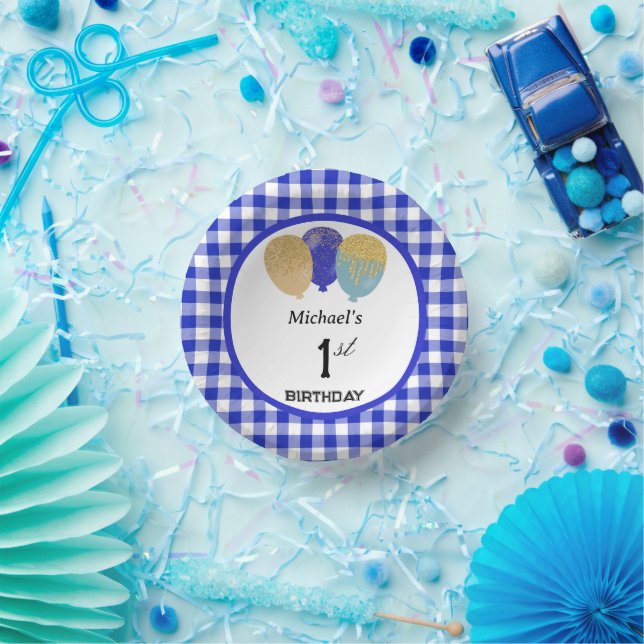 Elegant Blue Gingham & Balloons 1st Birthday  Paper Bowls (Party)