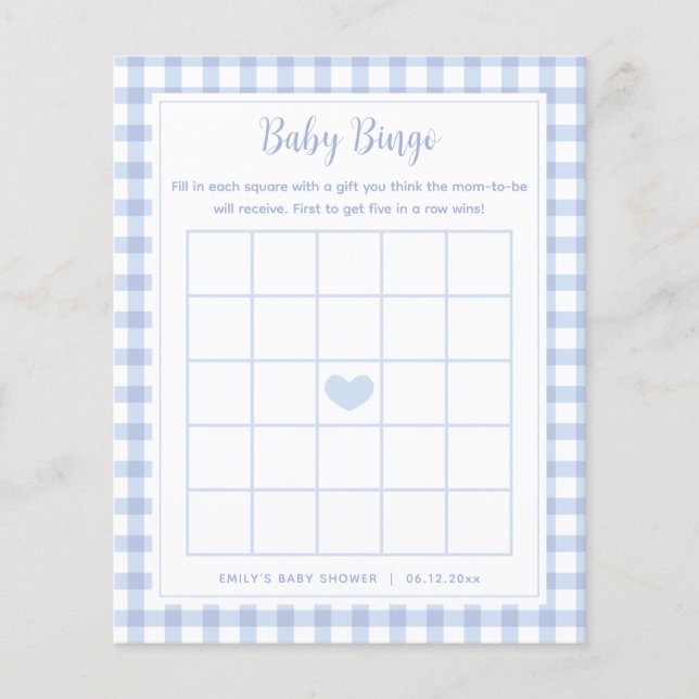 Elegant Blue Gingham Boy Baby Shower Bingo Game (Front)