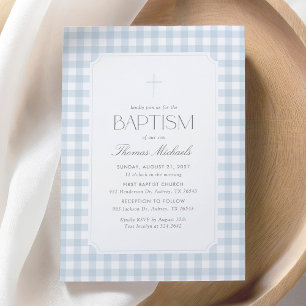Elegant Blue Gingham Cross Boy Baptism Invitation