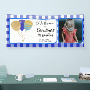 Elegant Blue Gingham Glitter Balloons 1st Birthday Banner