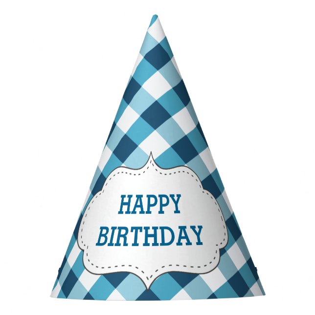 Elegant Blue Gingham Pattern Personalized Birthday Party Hat (Front)
