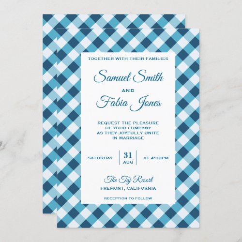 Elegant Blue Gingham Pattern Wedding Invitation