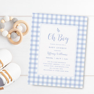 Elegant Blue Gingham Plaid Cute Oh Boy Baby Shower Invitation