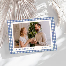 Elegant Blue Gingham Plaid Photo Merry Christmas