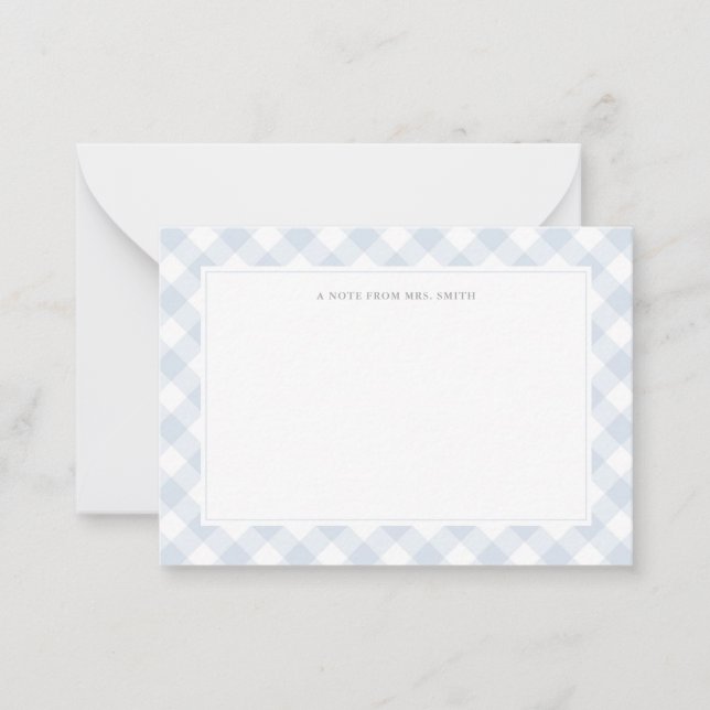 Elegant Blue Gingham Plaid Teacher Note Card (Front)