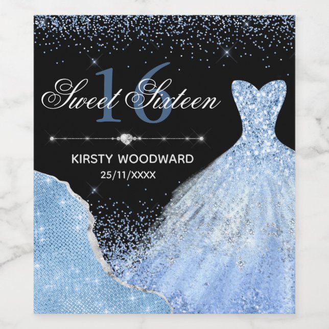Elegant Blue Glitter Ballgown Sweet Sixteen Wine Label (Single Label)