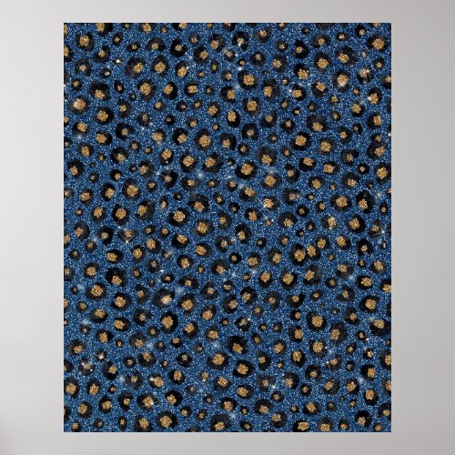 Elegant Blue Glitter Black Gold Leopard Print