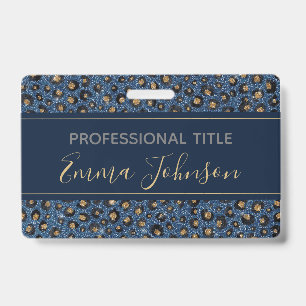 Elegant Blue Glitter Black Gold Leopard Print Badge