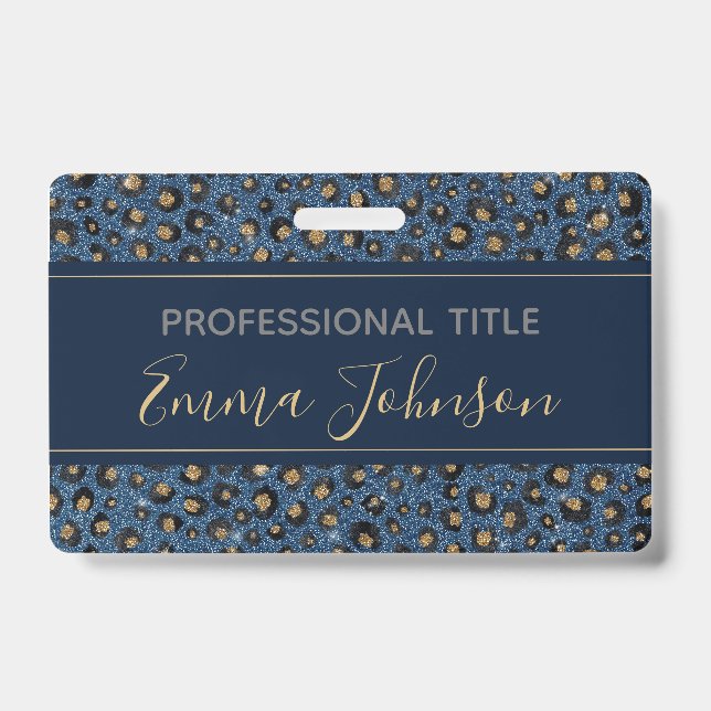 Elegant Blue Glitter Black Gold Leopard Print Badge (Front)