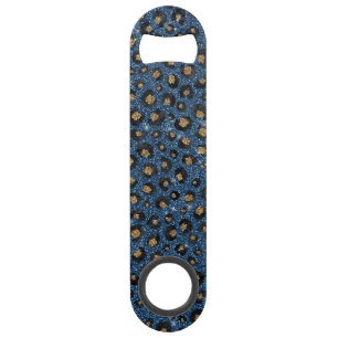 Elegant Blue Glitter Black Gold Leopard Print Bar Key