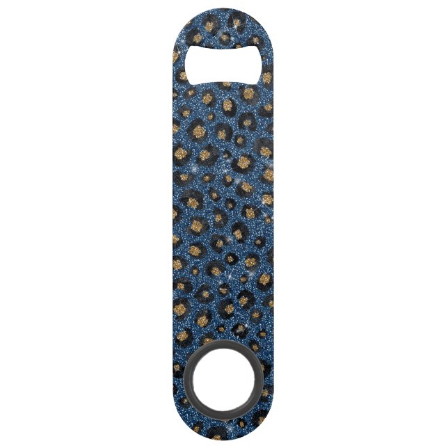 Elegant Blue Glitter Black Gold Leopard Print Bar Key (Front)